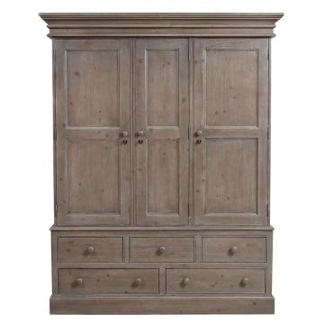 Armoire penderie 3 portes 5 tiroirs en épicéa brun fumé grisé - Natural