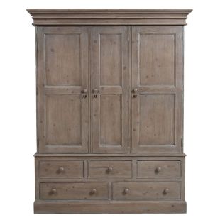 Armoire penderie 3 portes 5 tiroirs en épicéa brun fumé grisé - Natural